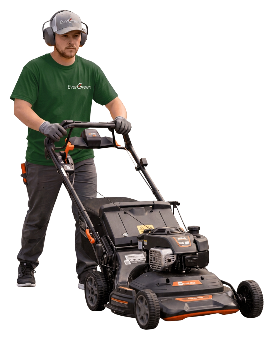 A person mowing grass with a lawnmower, wearing ear protection and gloves.